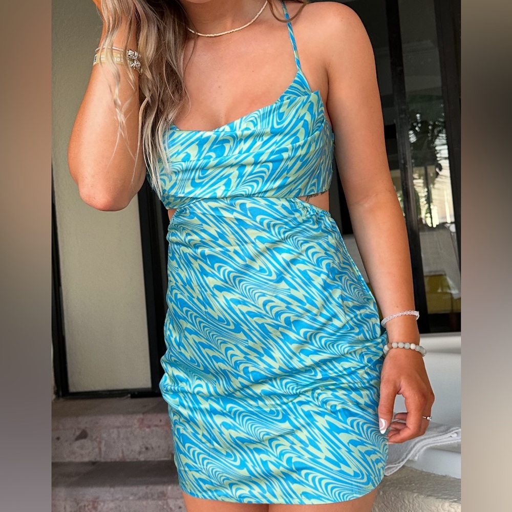 Princess Polly Aqua and Lime Patterned Dress